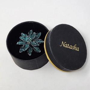 Natasha Flower Green Crystal Gunmetal Gray Silver Large Brooch Statement 3D New